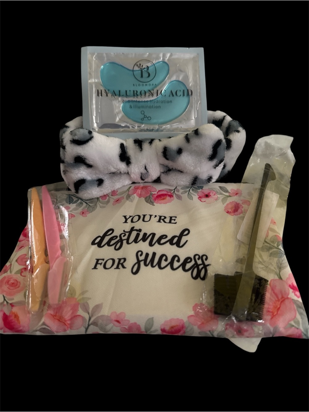 Floral 'You're Destined for Success' Cosmetic Pouch with Spa Accessories NWOT